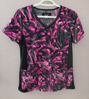 Koi Lite Scrub Top Women's XS Pink Gray Swirl Print Medical Shirt
